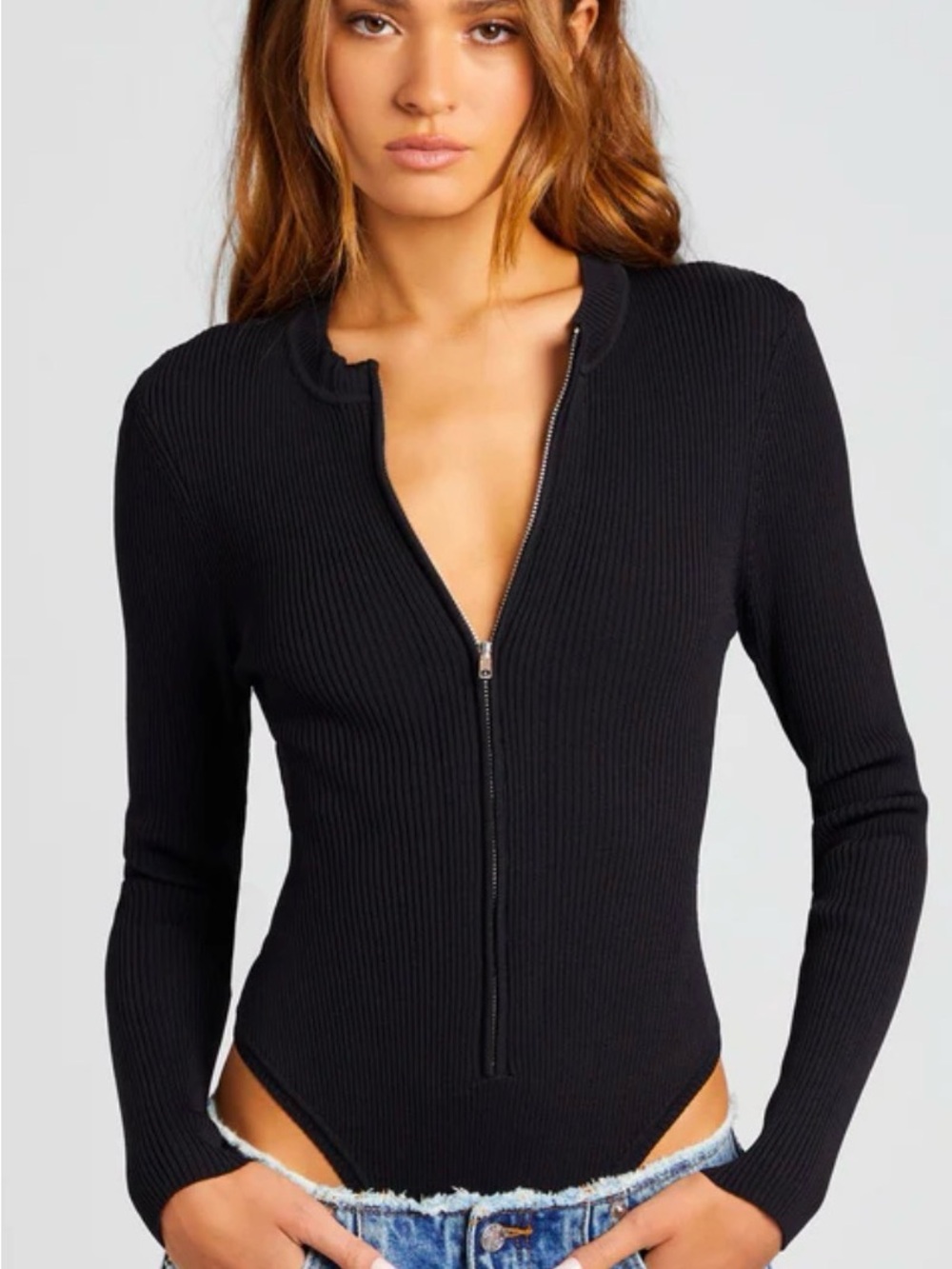 SER.O.YA Geo Black Ribbed Zip-Up Bodysuit Size Small NWT